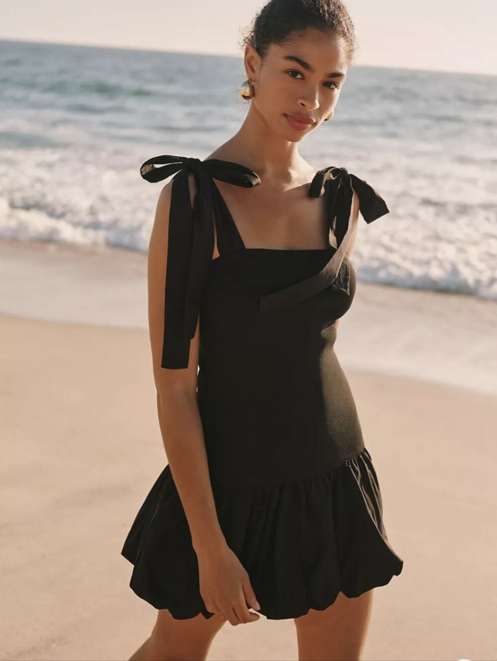 NWT- Anthropologie Black Cotton Bubble-Hem Dress with Tie Straps- Size Small
